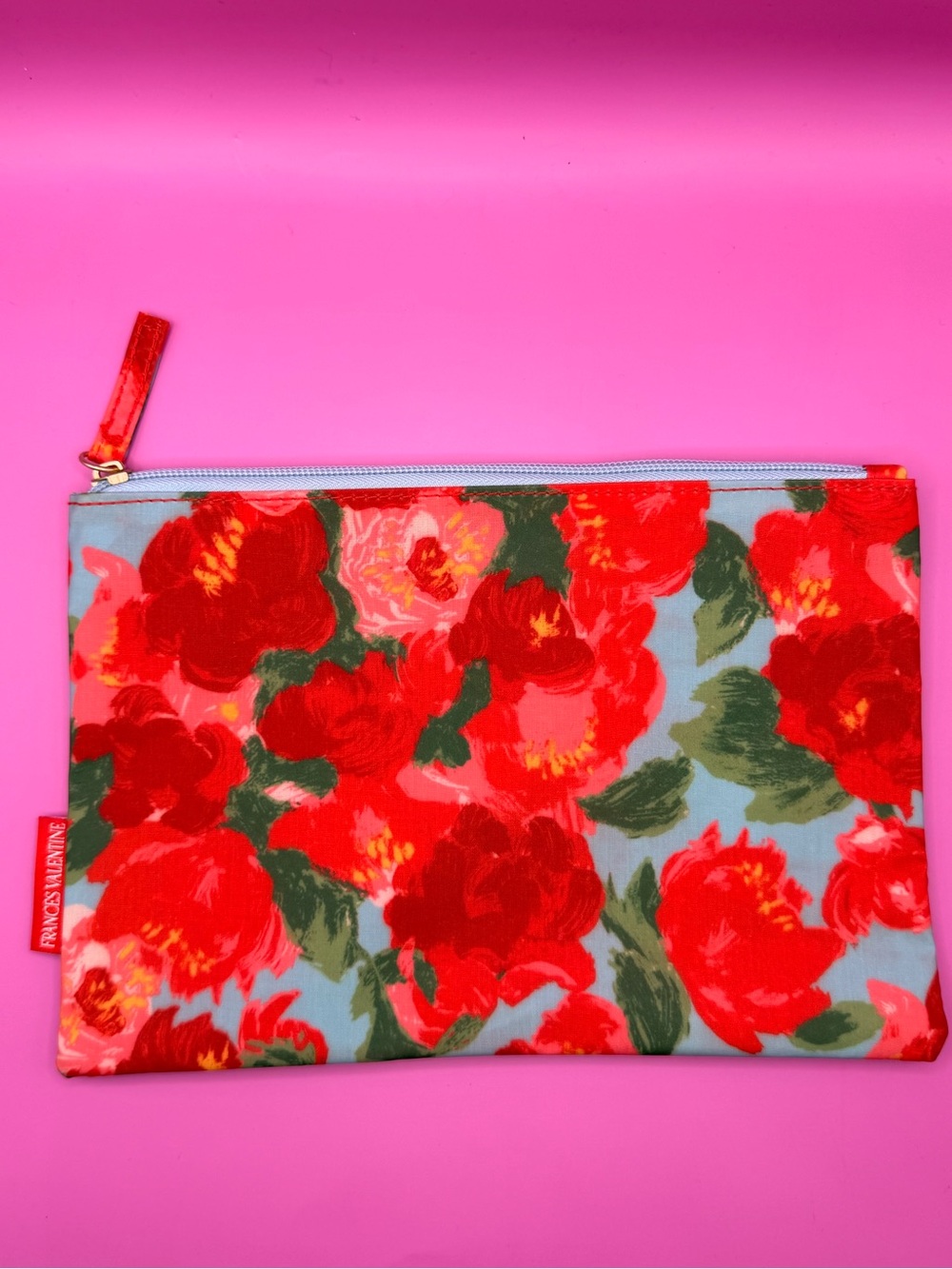 Floral Red Rose Zip Pouch - Blue Background